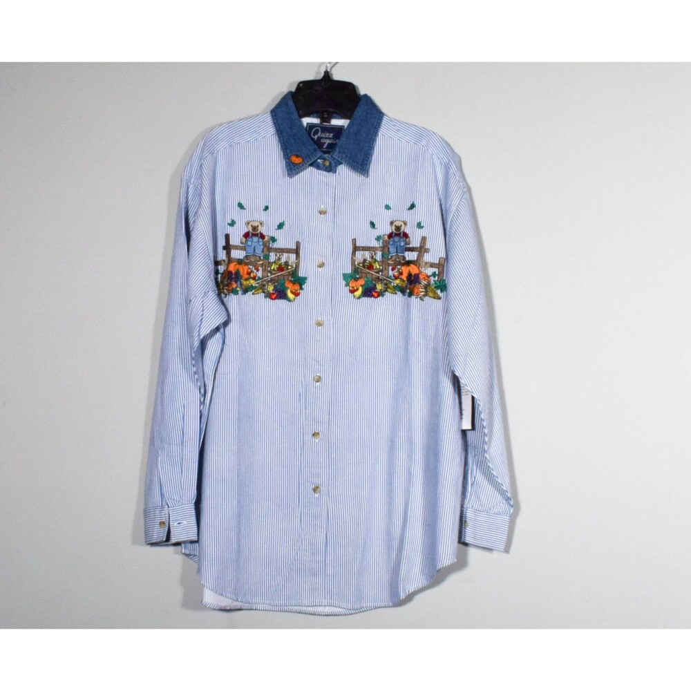 NWT Let's Quizz Again Embroidered Teddy Bear Blue & White Striped Shirt Sz M
